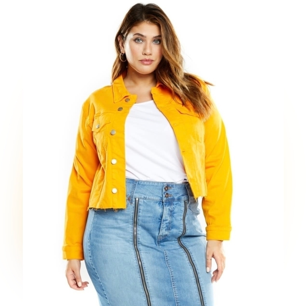 REBEL WILSON x TORRID Raw Edge Cropped Denim Jacket in Marigold, NWOT.